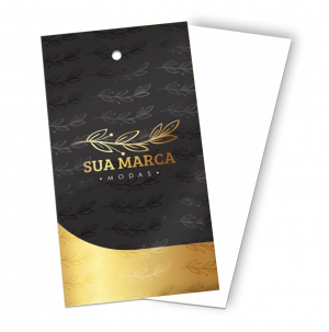 Tag Personalizada Couchê 250g 9x5cm 4x0 Verniz Total Brilho Frente Corte Reto + furo padrão 